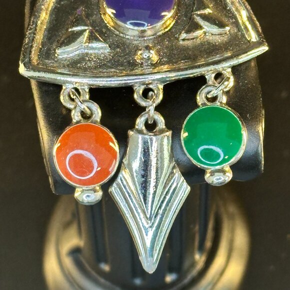 🔺 Vintage Modernist Silver Brooch with Purple, Green & Orange Cabochons – Geome - Picture 2 of 3